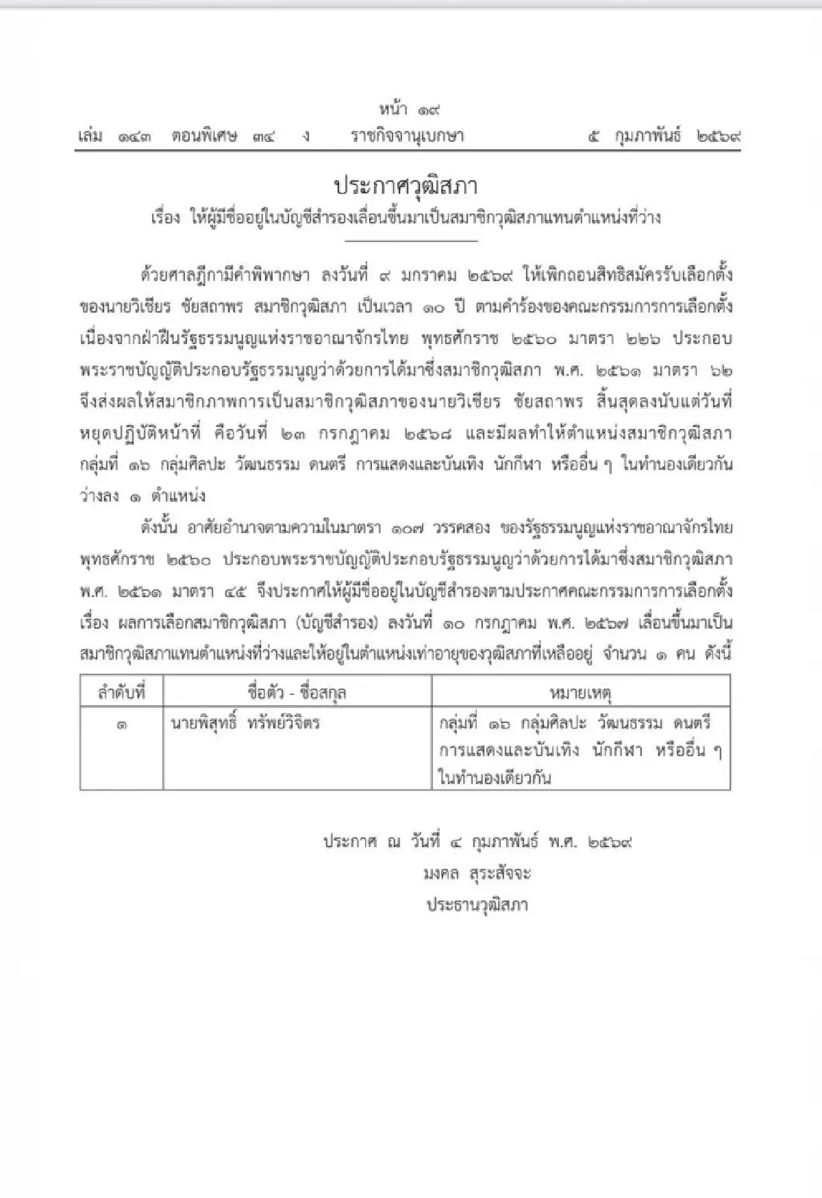 วุฒิสภาเลื่อน “พิสุทธิ์ ทรัพย์วิจิตร” นั่ง สว. แทนตำแหน่งว่าง