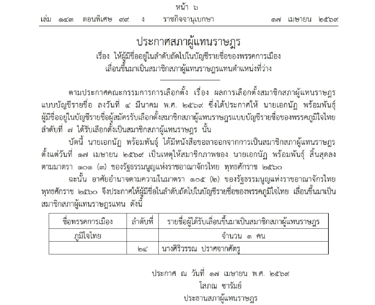 ราชกิจจาฯ ประกาศเลื่อน 4 สส. บัญชีรายชื่อภูมิใจไทย แทนบุคคลที่ลาออก