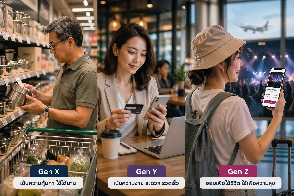 ภาพนี้สร้างขึ้นจาก AI เปรียบเทียบความต่างการใช้เงินของ 3 เจน