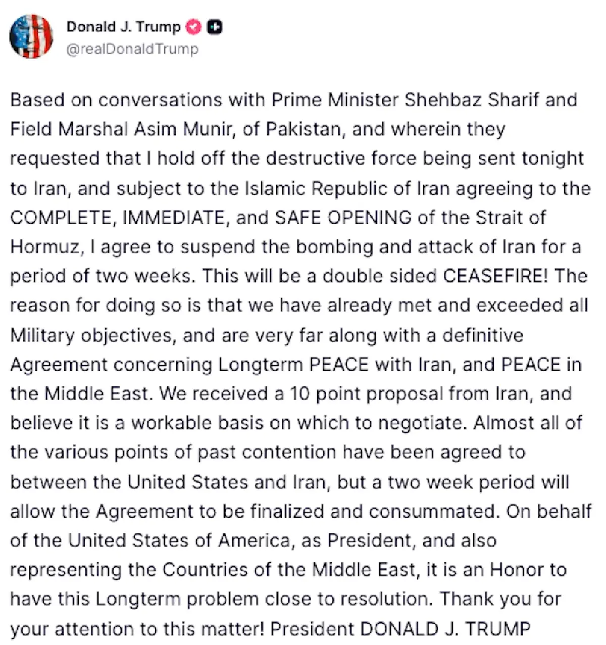 ทรัมป์ประกาศพักโจมตีอิหร่านอีก 2 สัปดาห์ เปิดทางเจรจาสันติภาพ