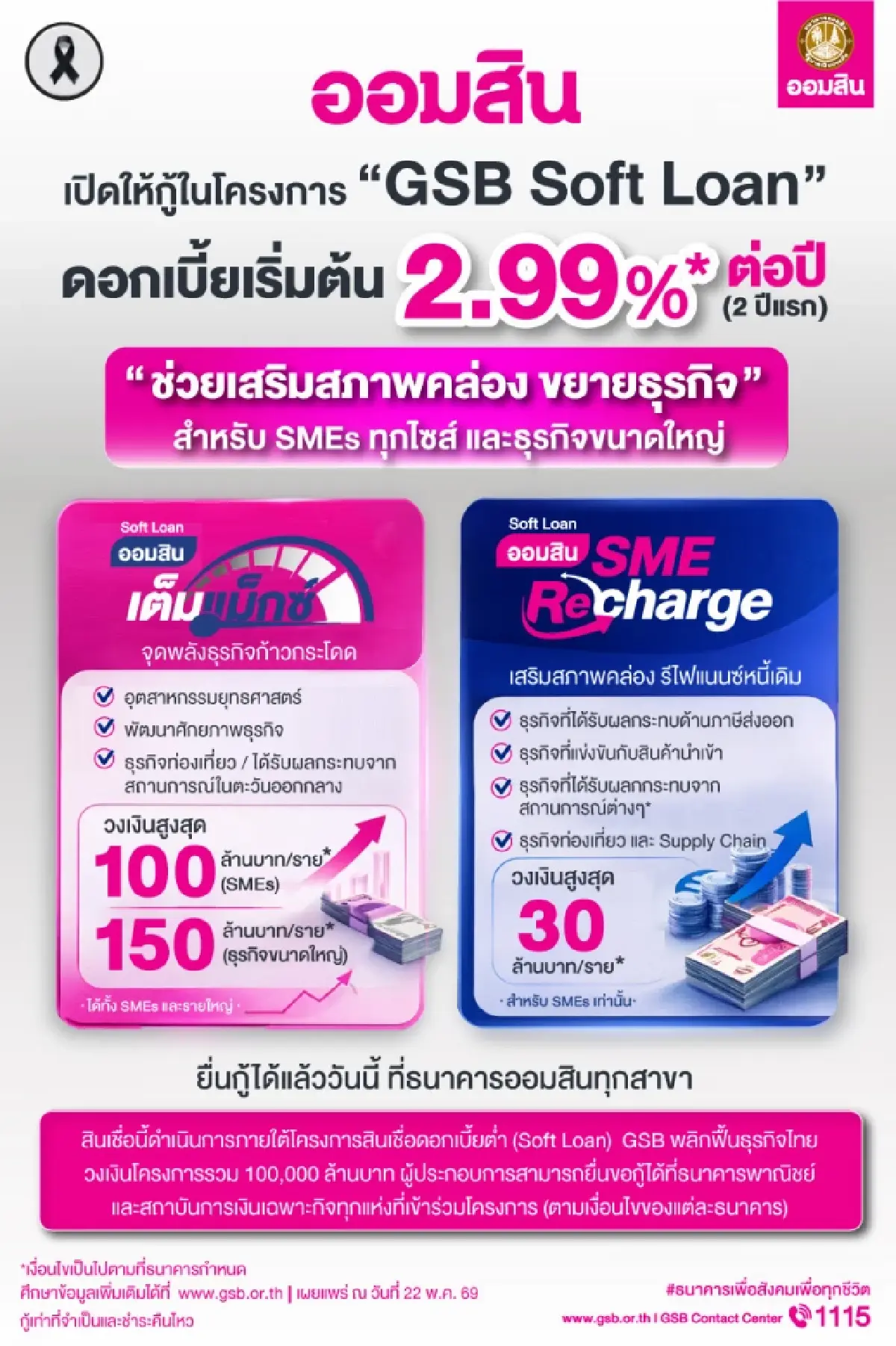 ออมสิน ออก 2 สินเชื่อดอกเบี้ยต่ำ 2.99% หนุน SMEs เติมทุน-ขยายธุรกิจ