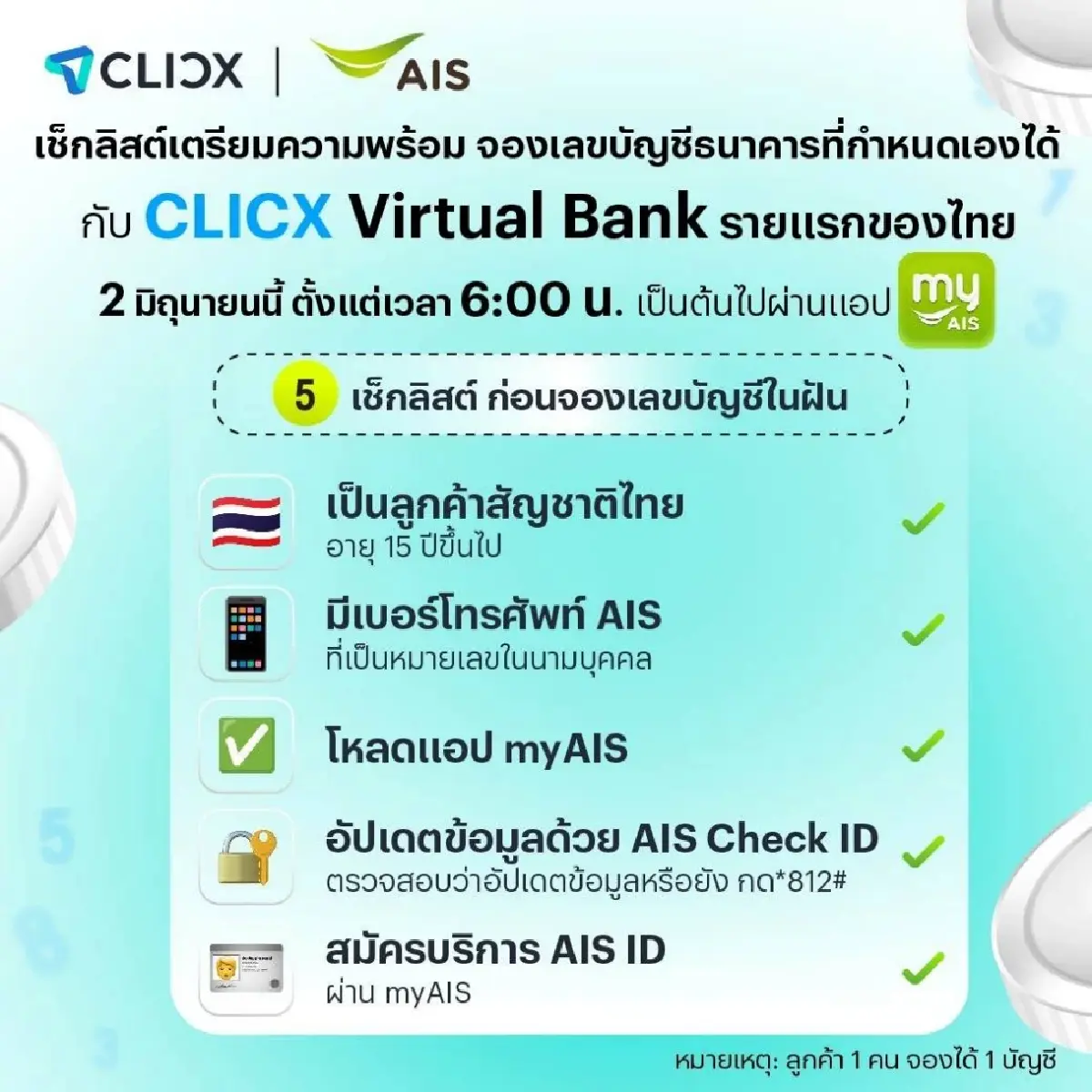เอไอเอส เปิดจองเลขบัญชี CLICX วีไอพี รายแรก 2 มิ.ย. นี้