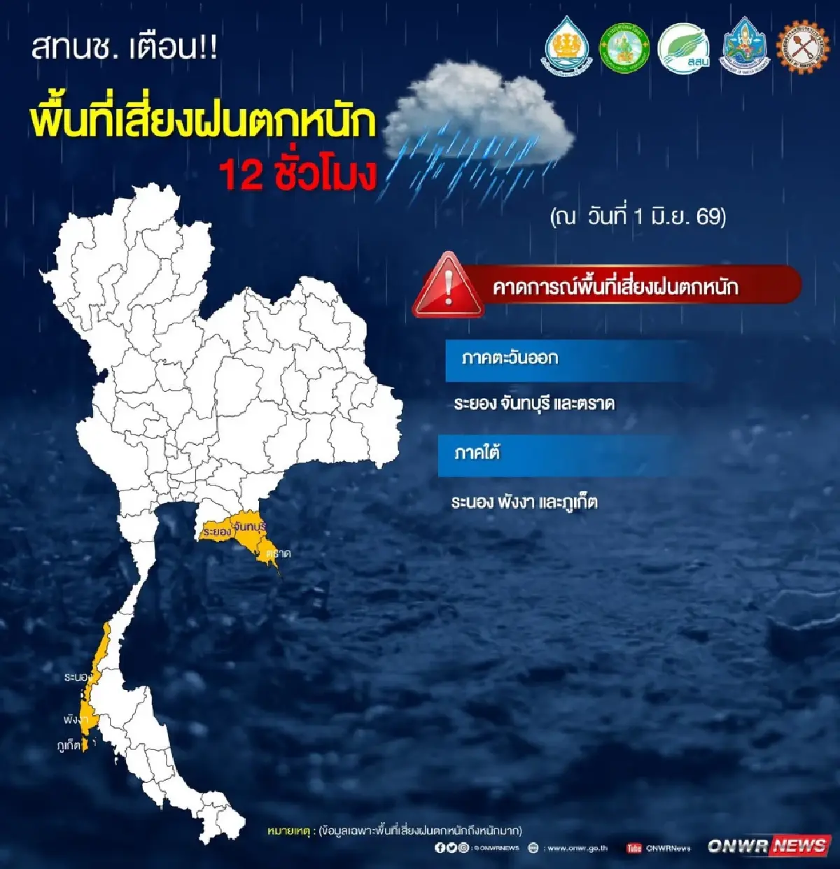 เฝ้าระวัง 12 ชม. สทนช. เตือน 6 จังหวัดเสี่ยงน้ำท่วมฉับพลัน-ดินถล่ม