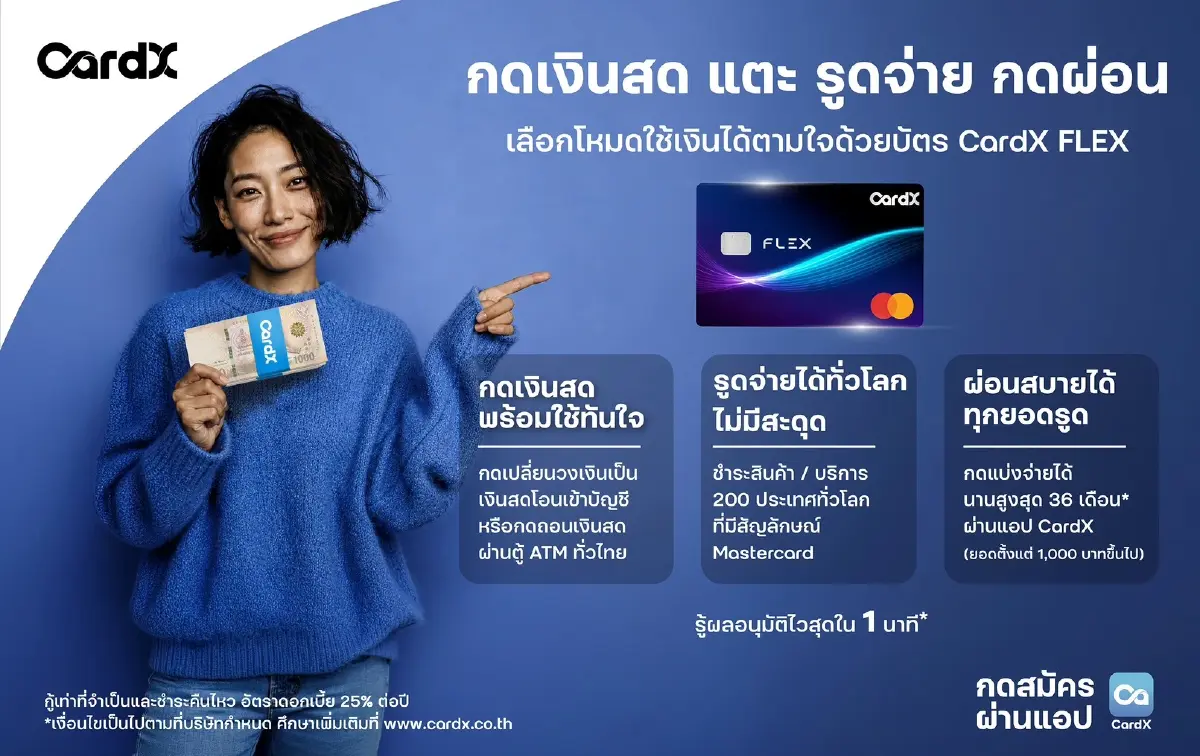 CardX เปิดตัวบัตรสินเชื่อ “CardX FLEX” อัปเกรดบัตรกดเงินสดเดิมสู่ “Lifestyle Reserve” วงเงินสำรองยุคใหม่ เติมความยืดหยุ่นให้ทุกจังหวะของชีวิต