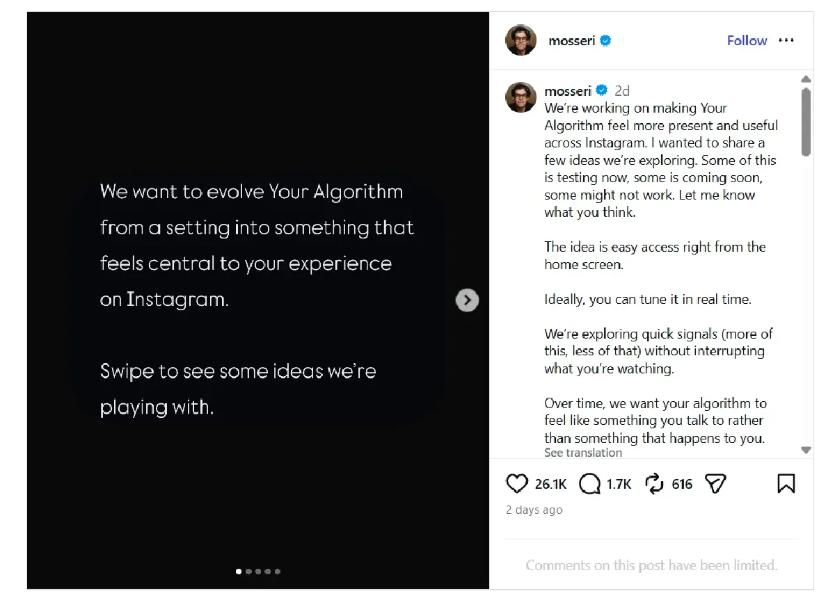 Instagram จ่อเพิ่มลูกเล่น ปรับอัลกอริทึมได้ตามใจ เปิดทางผู้ใช้คุมหน้าฟีด