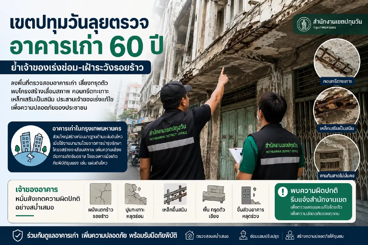 เขตปทุมวันลุยตรวจอาคารเก่า 60 ปี ย้ำเจ้าของเร่งซ่อม-เฝ้าระวังรอยร้าว