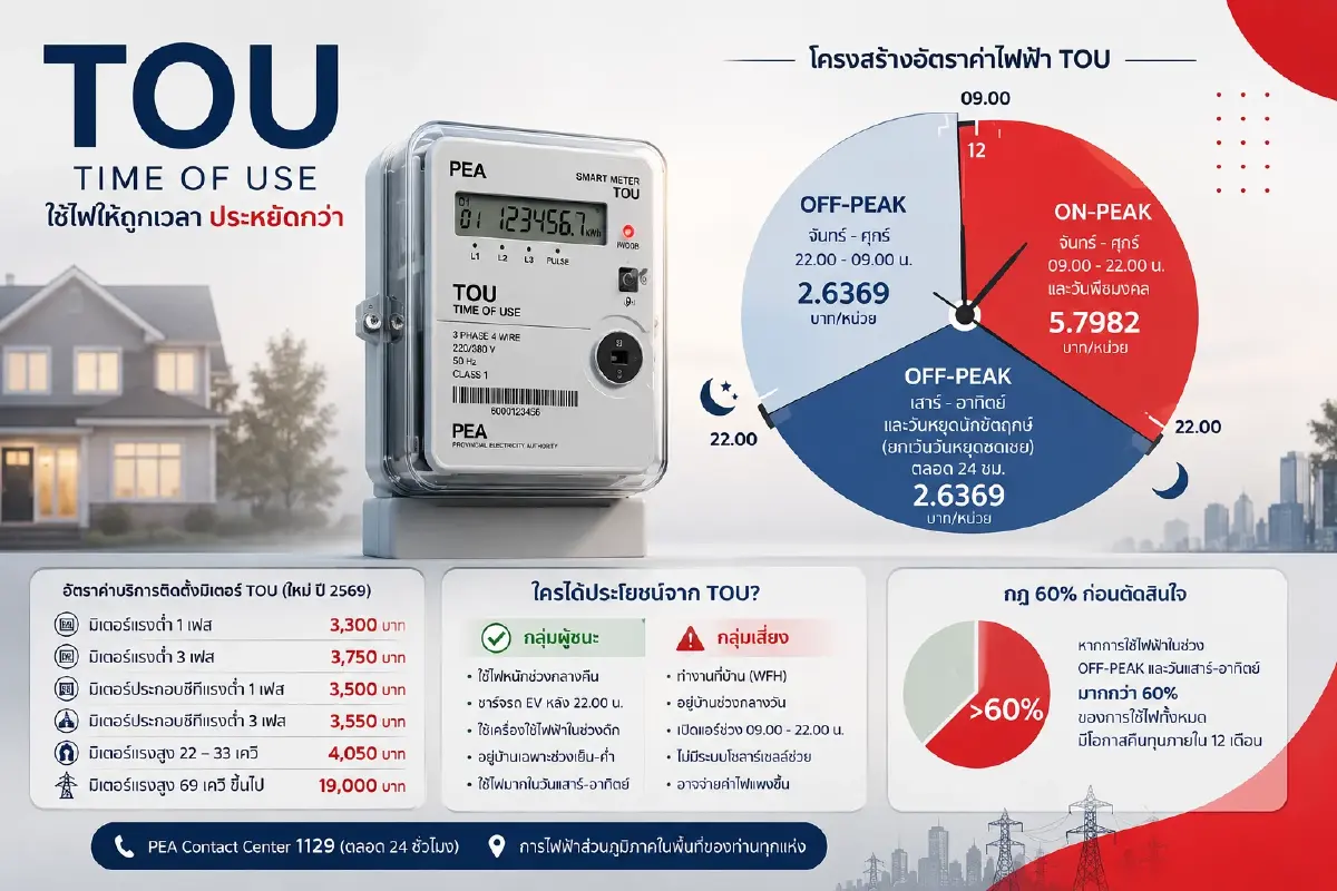 เจาะลึกคำถามสำคัญ อัตราค่าบริการมิเตอร์ TOU ใหม่ปี69 ใครคุ้ม ใครเสี่ยง!
