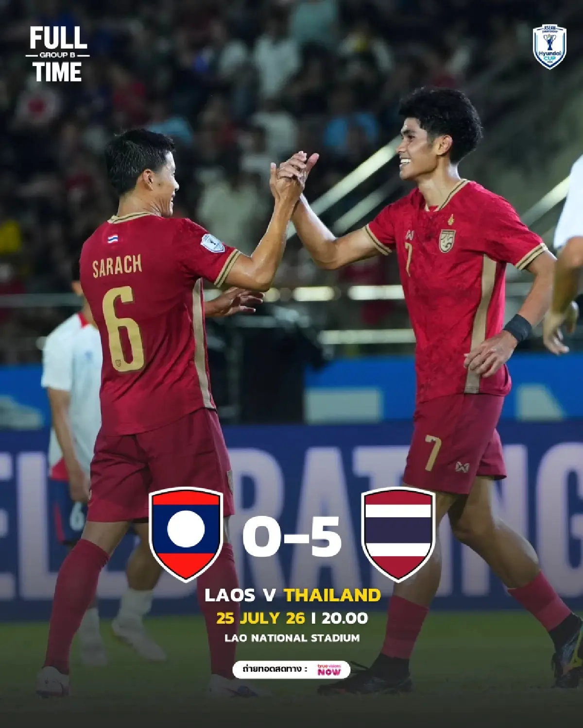 ผลบอล! ช้างศึกฟอร์มดุ! ไทย ถล่ม สปป.ลาว 5-0 ประเดิมอาเซียน คัพ