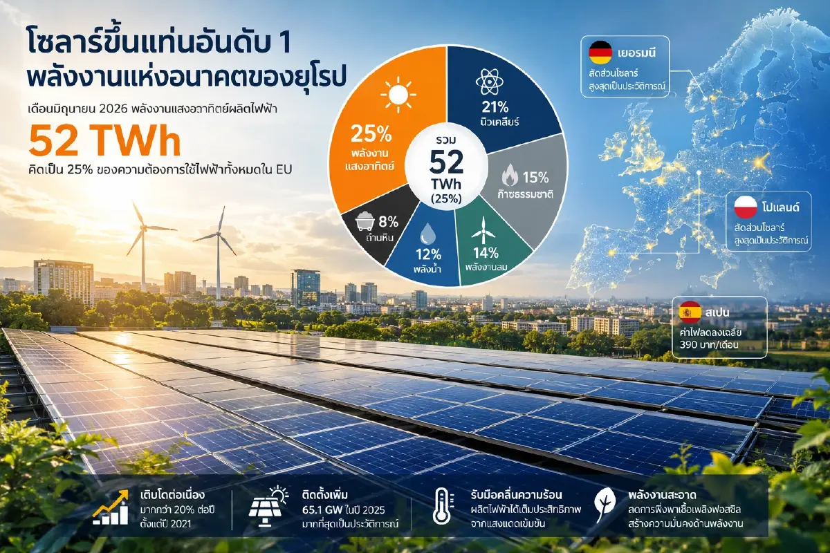 มาเหนือ! โซลาร์ครองแชมป์ไฟฟ้ายุโรป ผลิตไฟ 25% รับมือวิกฤตพลังงาน