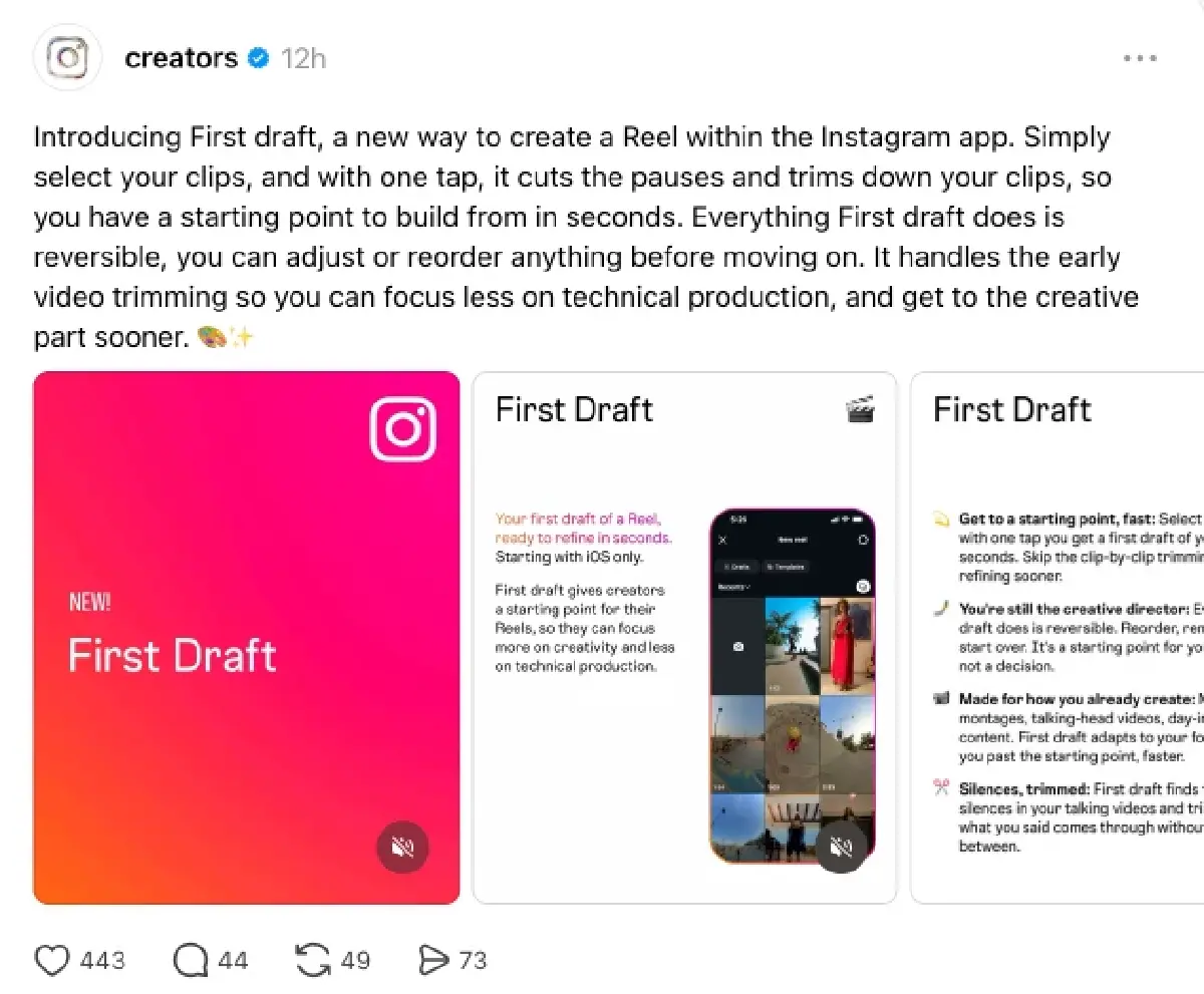Instagram เปิดตัว First Draft ฟีเจอร์ตัด Reels อัตโนมัติใน 10 วินาที