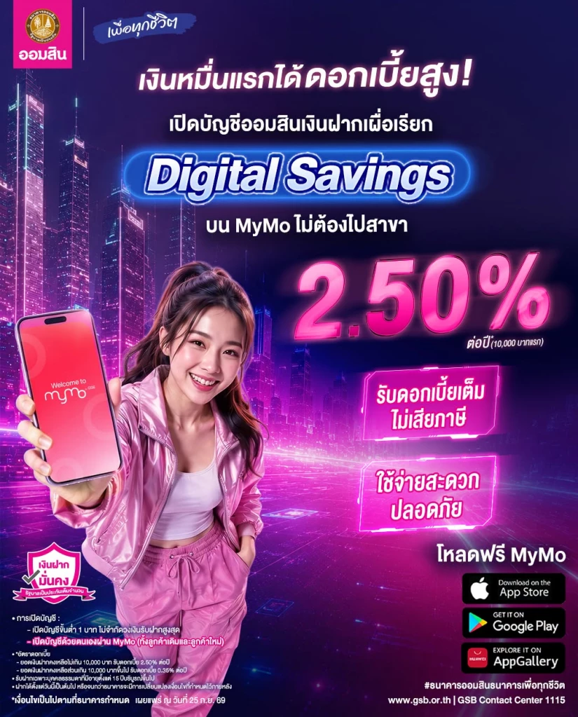 ธนาคารออมสินชวนเปิดบัญชีออมสิน “เงินฝากเผื่อเรียก Digital Savings” รับดอกเบี้ยสูงสุด 2.50% ต่อปี