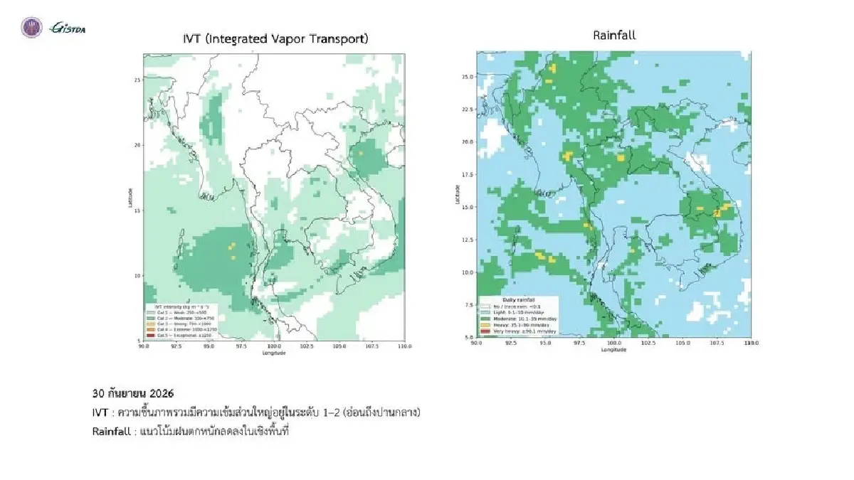 GISTDA เปิดข้อมูล IVT ชี้ฝนเริ่มคลี่คลาย 28-30 ก.ย. แต่ยังมีตกกระจาย
