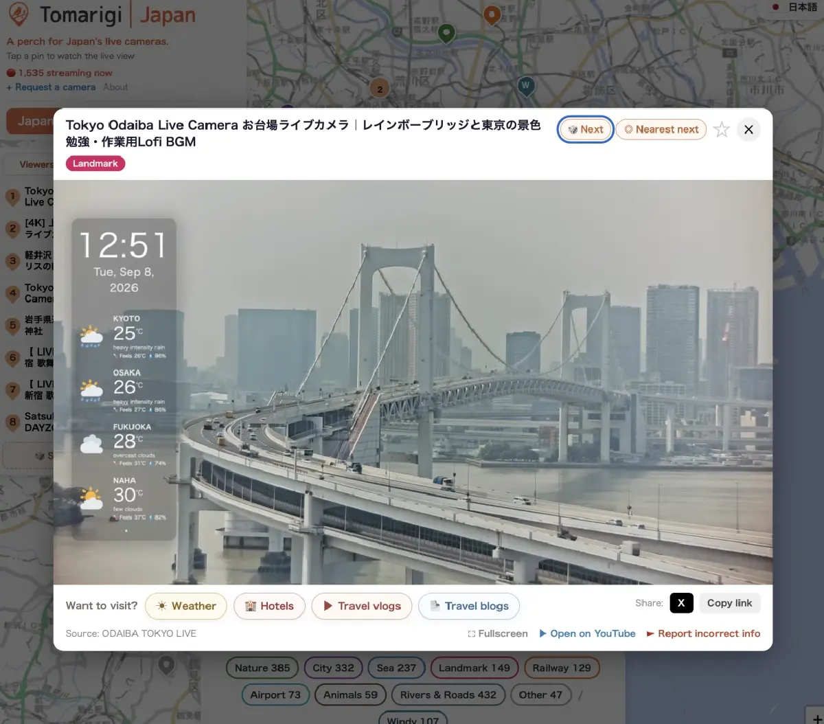 ยังไม่ต้องบินก็เที่ยวญี่ปุ่นได้! “Tomarigi” เปิด Live Camera ดูบรรยากาศจริงก่อนเดินทาง