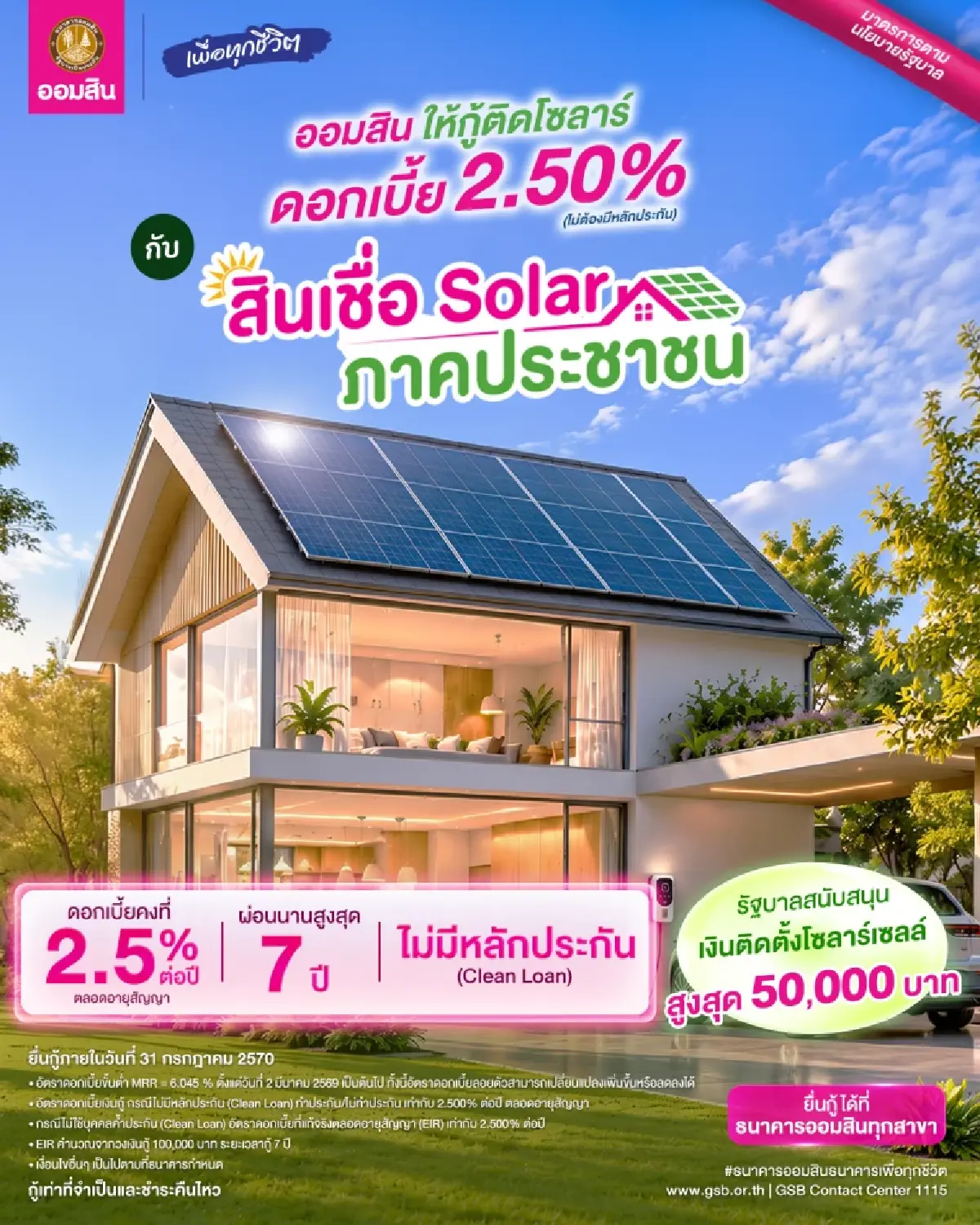ออมสิน ลุยปล่อยกู้โซลาร์ครัวเรือน ชูดอกเบี้ย 2.5% ผ่อนนาน7 ปี ไม่ต้องมีหลักประกัน