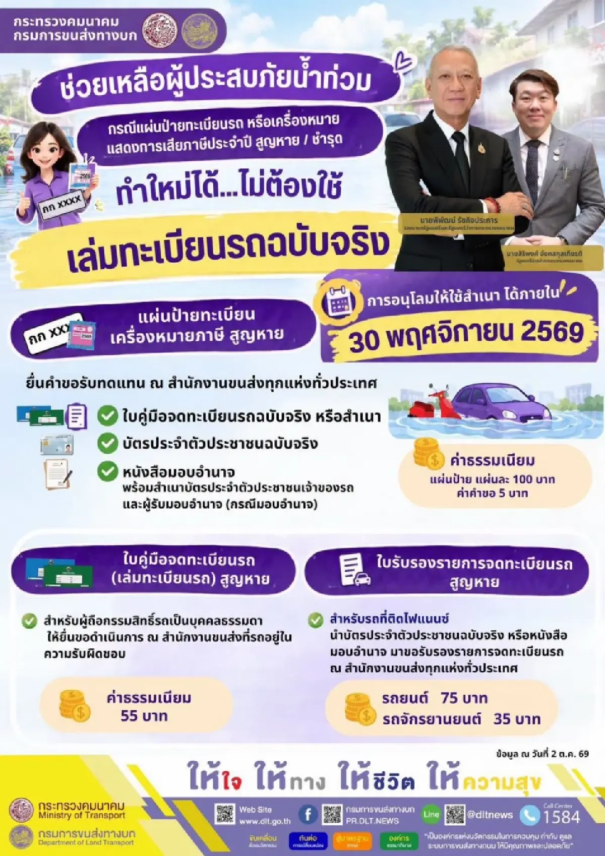 ลดขั้นตอนทำ 'ป้ายทะเบียนใหม่' ไม่ต้องใช้เล่มจริง ช่วยผู้ประสบภัยน้ำท่วม