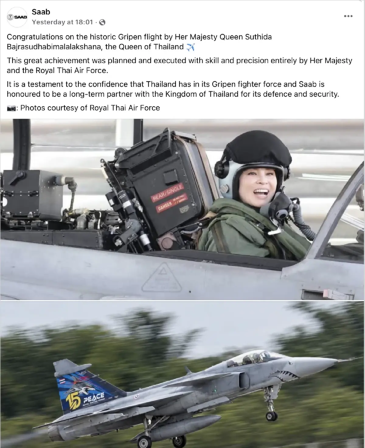 Saab ชื่นชมพระปรีชาสามารถ “พระราชินีสุทิดา” ทรงขับ "กริพเพน" ครั้งประวัติศาสตร์