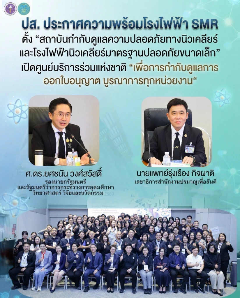 ปส. ประกาศความพร้อมโรงไฟฟ้า SMR ตั้ง "สถาบันกำกับดูแลความปลอดภัยทางนิวเคลียร์และโรงไฟฟ้านิวเคลียร์มาตรฐานปลอดภัยขนาดเล็ก"