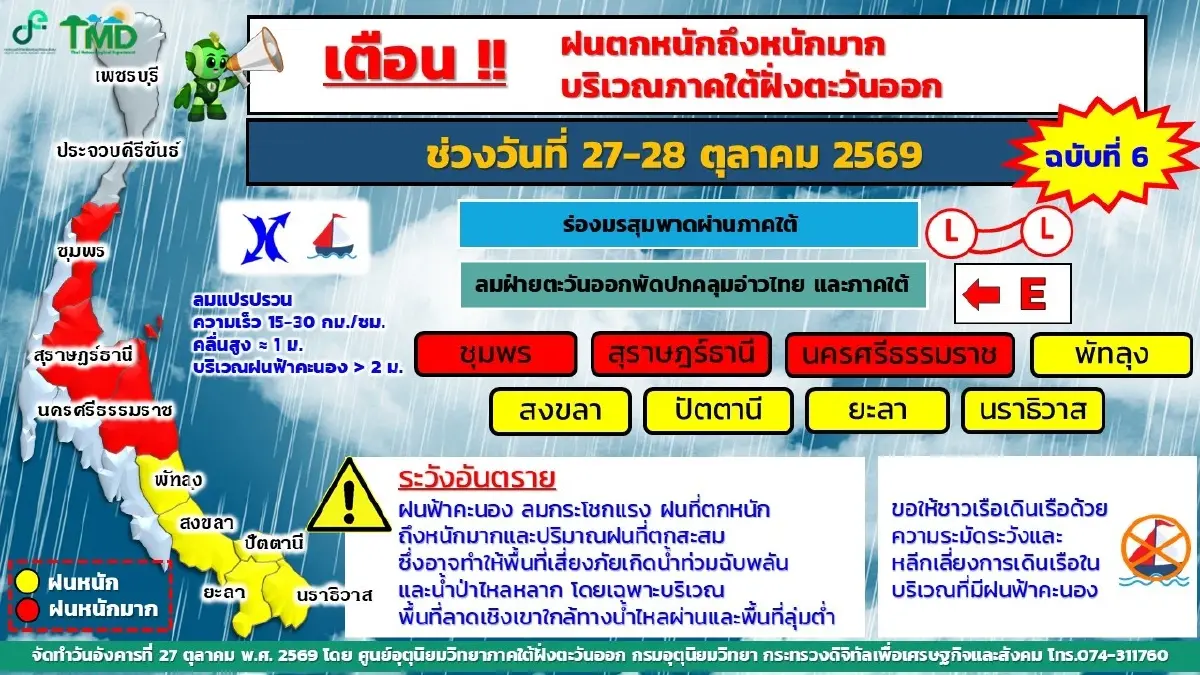 7 จังหวัดภาคใต้ฝั่งตะวันออกเสี่ยงฝนหนัก เตือนระวังน้ำป่า