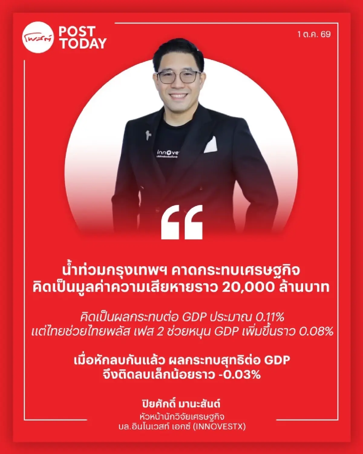 InnovestX ชี้น้ำท่วม ฉุด GDP 0.11% ปัญหาการบินไทย กระทบนักท่องเที่ยวเข้าไทย