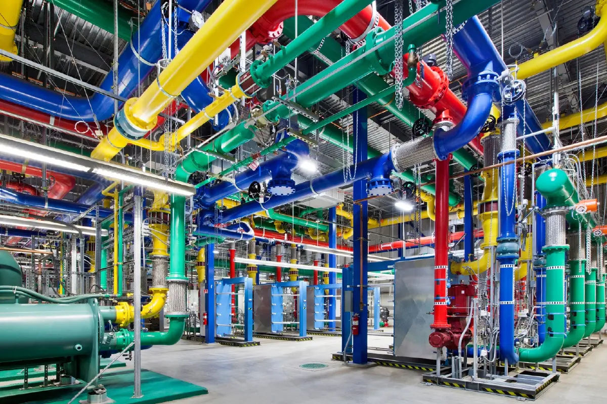 ท่อสีสันสดใสเหล่านี้ทำหน้าที่ลำเลียงน้ำเข้าและออกจากศูนย์ข้อมูลของ Google ในเมืองเดอะดัลส์ (The Dalles) รัฐออริกอน โดยท่อสีฟ้าจะทำหน้าที่ส่งน้ำเย็นเข้ามา ส่วนท่อสีแดงจะนำน้ำอุ่นไหลกลับออกไปเพื่อเข้าสู่กระบวนการทำให้เย็นลงอีกครั้ง / ภาพ Google Gallery