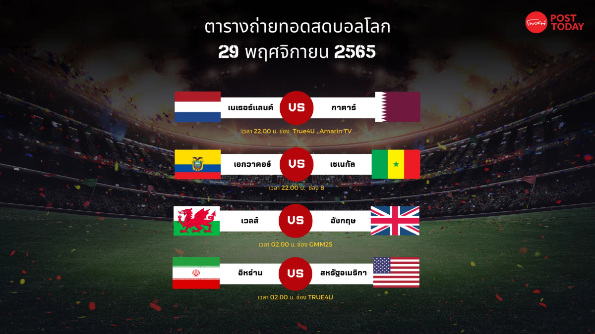โปรแกรมถ่ายทอดสอดฟุตบอลโลก 29 พฤศจิกายน 2565 โปรแกรมถ่ายทอดสอดฟุตบอลโลก 29 พฤศจิกายน 2565