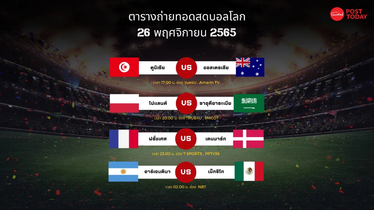 โปรแกรมถ่ายทอดสอดฟุตบอลโลก 26 พฤศจิกายน 2565 โปรแกรมถ่ายทอดสอดฟุตบอลโลก 26 พฤศจิกายน 2565