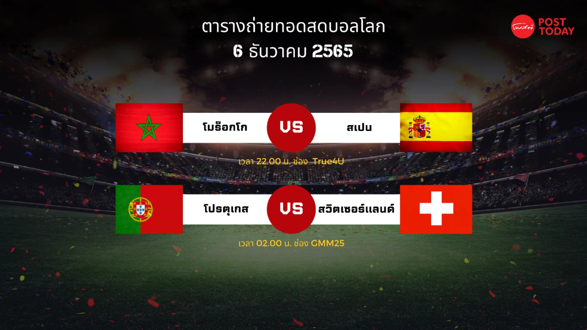 โปรแกรมถ่ายทอดสอดฟุตบอลโลก อังคารที่ 6 ธันวาคม 2565 โปรแกรมถ่ายทอดสอดฟุตบอลโลก อังคารที่ 6 ธันวาคม 2565