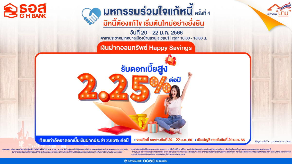 ธอส. จัดเงินฝากออมทรัพย์ Happy Savings ดอกเบี้ยสูงสุด 2.25% ต่อปี ธอส. จัดเงินฝากออมทรัพย์ Happy Savings ดอกเบี้ยสูงสุด 2.25% ต่อปี