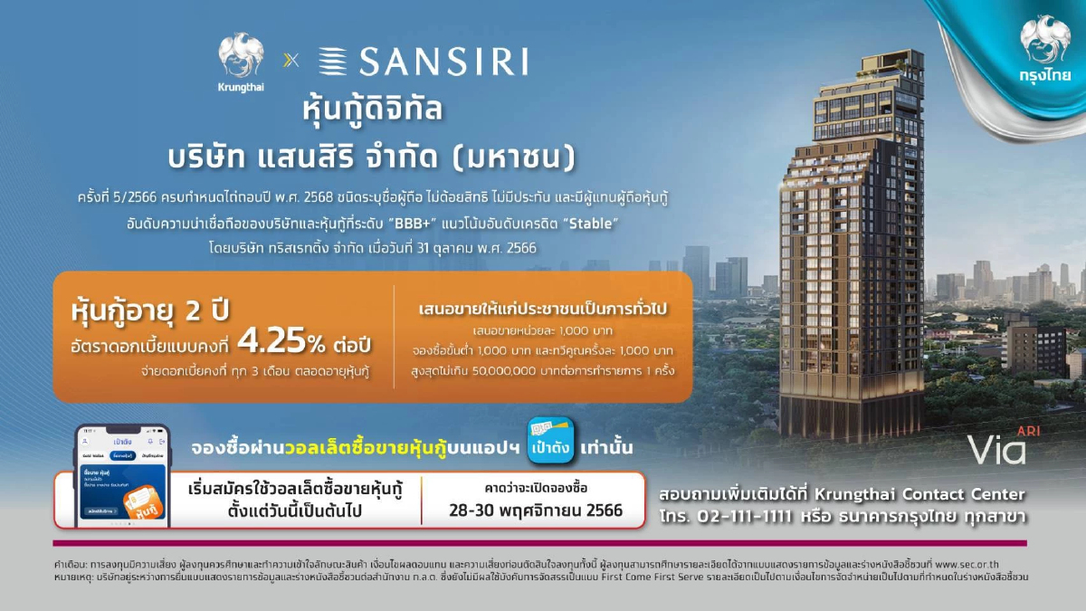 หุ้นกู้ดิจิทัลแสนสิริ บนแอปเป๋าตัง ดอก 4.25% คาดเปิดจองซื้อ 28-30 พ.ย.นี้ หุ้นกู้ดิจิทัลแสนสิริ บนแอปเป๋าตัง ดอก 4.25% คาดเปิดจองซื้อ 28-30 พ.ย.นี้