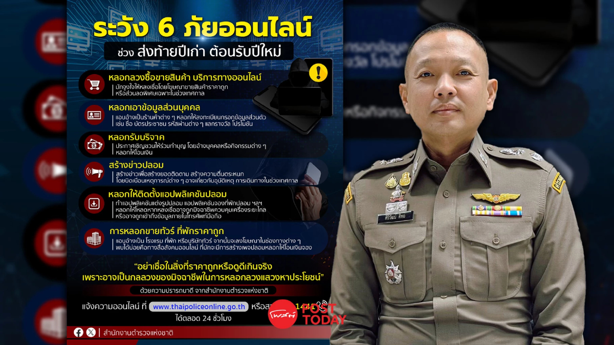 ตร. เตือน 6 ภัยออนไลน์ส่งท้ายปี จัวหวะมิจฉาชีพฉวยโอกาสหลอกหลวงประชาชน ตร. เตือน 6 ภัยออนไลน์ส่งท้ายปี จัวหวะมิจฉาชีพฉวยโอกาสหลอกหลวงประชาชน