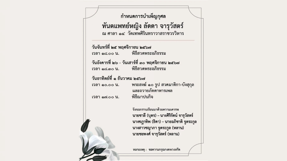 ขอแสดงความอาลัย สิ้นทพญ.ลัดดา จารุวัสตร์ มารดาชฎาทิพ จูตระกูล ขอแสดงความอาลัย สิ้นทพญ.ลัดดา จารุวัสตร์ มารดาชฎาทิพ จูตระกูล