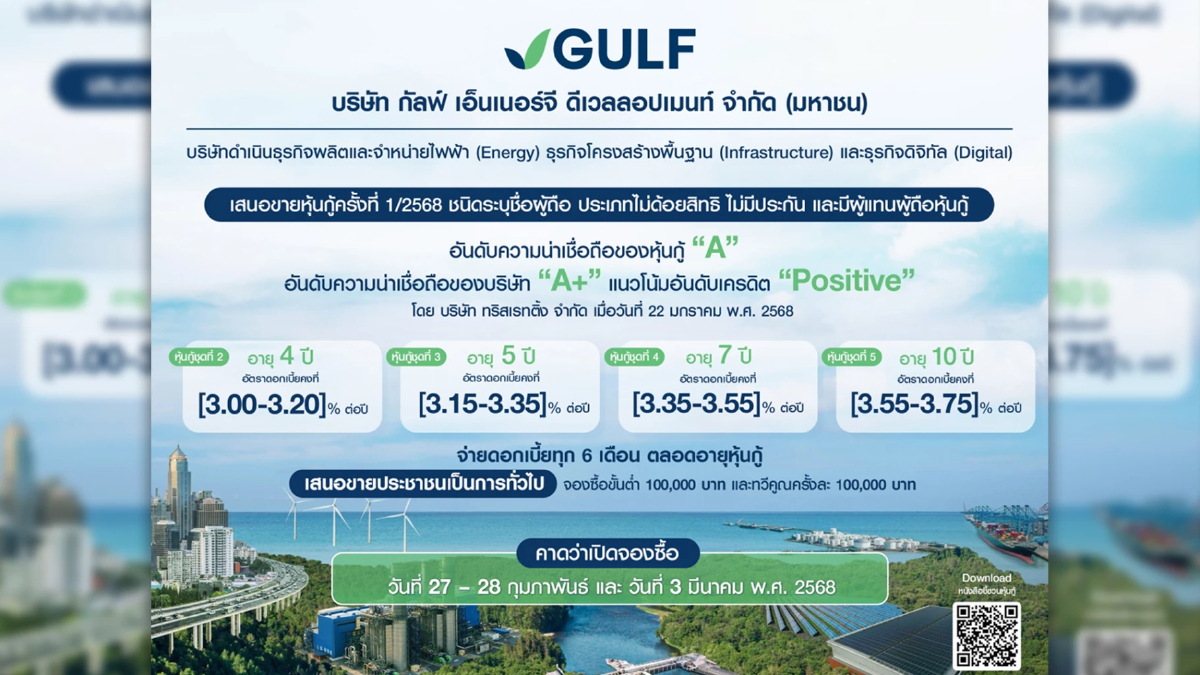 GULF เตรียมขายหุ้นกู้เรทติ้ง A ดอกเบี้ย 3.00-3.75% จองปลายก.พ. GULF เตรียมขายหุ้นกู้เรทติ้ง A ดอกเบี้ย 3.00-3.75% จองปลายก.พ.