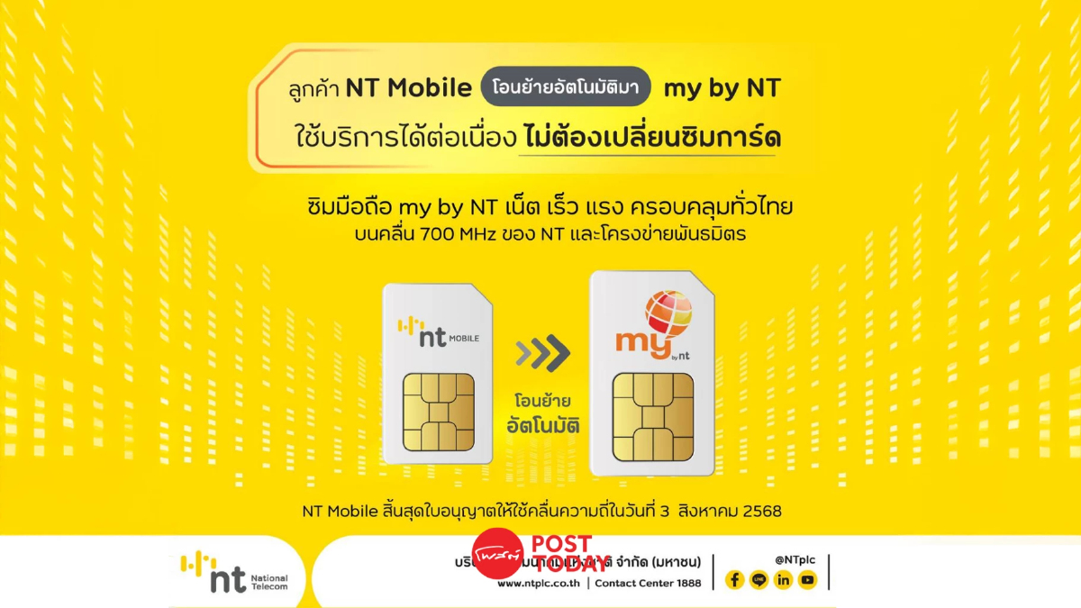 NT ยกเลิกบริการ NT Mobile ก่อนคลื่น 2100 และ 2300 MHz หมดอายุ 3 ส.ค.68 NT ยกเลิกบริการ NT Mobile ก่อนคลื่น 2100 และ 2300 MHz หมดอายุ 3 ส.ค.68