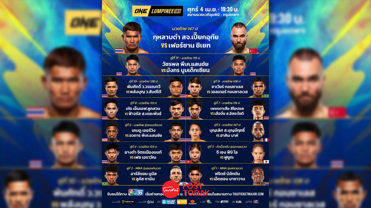 LIVE ถ่ายทอดสด มวยวัน ONE ลุมพินี 103 ดูมวยสด วันศุกร์ที่ 4 เม.ย. 68