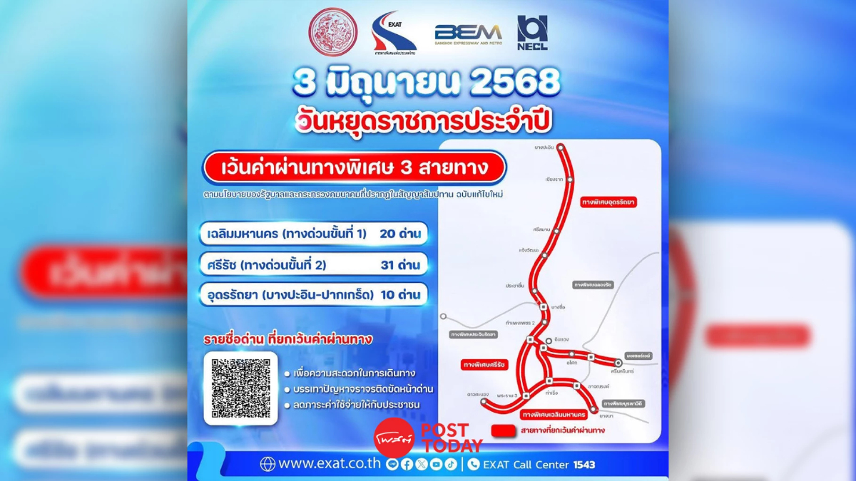 ขึ้นทางด่วนฟรี! กทพ. ยกเว้นค่าผ่านทางพิเศษ 3 สายทาง 3 มิ.ย.นี้ ขึ้นทางด่วนฟรี! กทพ. ยกเว้นค่าผ่านทางพิเศษ 3 สายทาง 3 มิ.ย.นี้