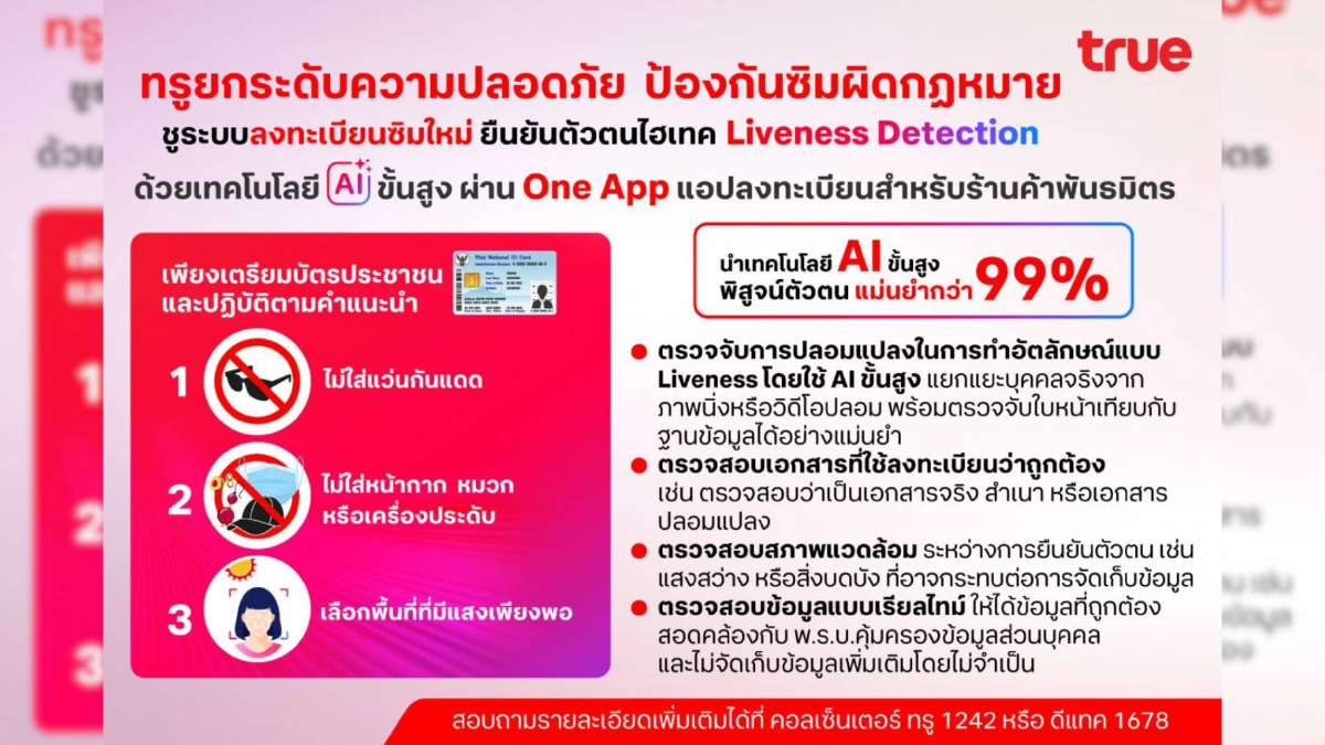 ทรูชู One App ใช้ AI ตรวจยืนยันตัวตนลงทะเบียนซิม ป้องกันมิจฉาชีพ ทรูชู One App ใช้ AI ตรวจยืนยันตัวตนลงทะเบียนซิม ป้องกันมิจฉาชีพ