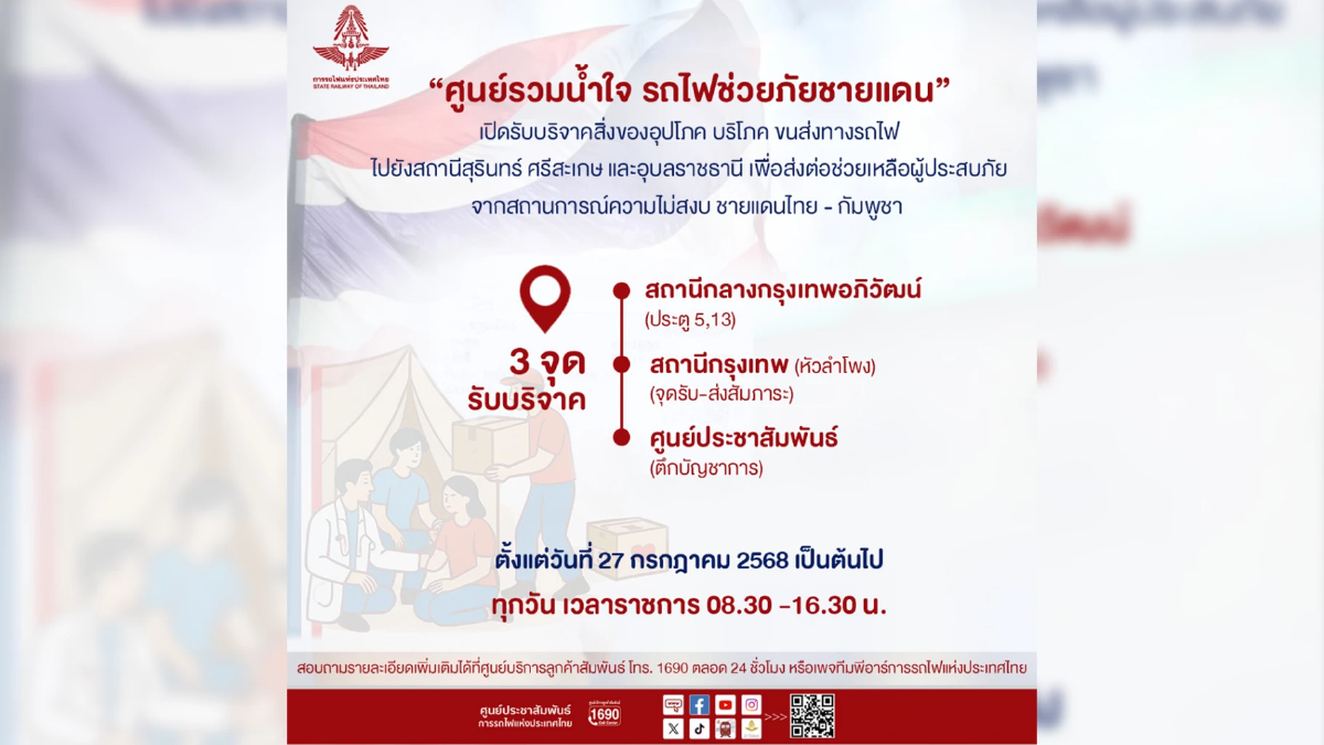 รถไฟไทยเปิดศูนย์ช่วยชายแดน รับบริจาคส่งตรงพื้นที่ทันที รถไฟไทยเปิดศูนย์ช่วยชายแดน รับบริจาคส่งตรงพื้นที่ทันที