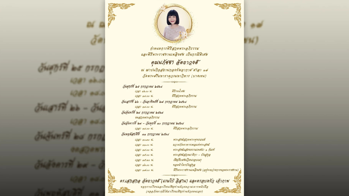 กำหนดการพิธีบำเพ็ญกุศล "นภัชชา อัตถาวงศ์" ฌาปนกิจกองทัพอากาศ กำหนดการพิธีบำเพ็ญกุศล "นภัชชา อัตถาวงศ์" ฌาปนกิจกองทัพอากาศ