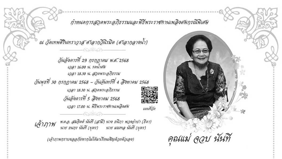 กำหนดการพิธีศพ พระราชทานเพลิง คุณแม่จวบ นันที วัดเทพศิรินทราวาสฯ กำหนดการพิธีศพ พระราชทานเพลิง คุณแม่จวบ นันที วัดเทพศิรินทราวาสฯ