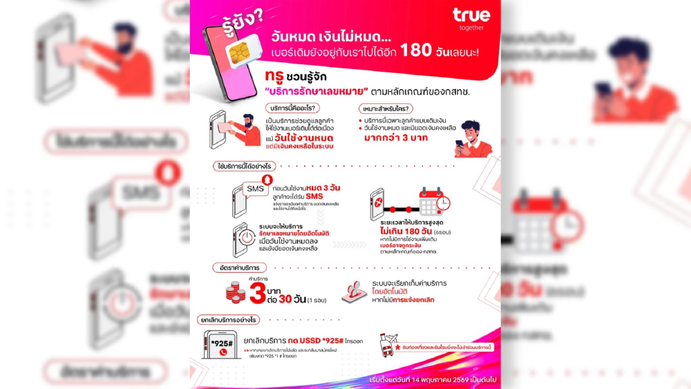 ทรูเปิดบริการรักษาเลขหมาย ยืดอายุเบอร์เติมเงินนาน 180 วัน