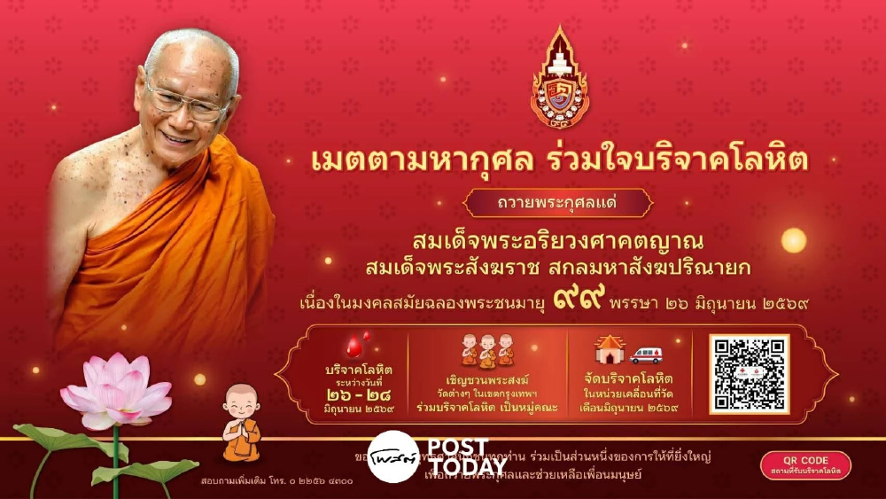 กาชาดชวนบริจาคโลหิตต่อชีวิต ฉลอง 99 พรรษา สมเด็จพระสังฆราช